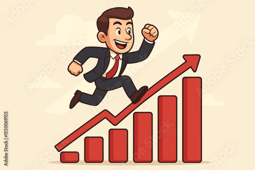 Businessman running up a financial growth chart arrow. Concept of career progress, success, leadership. Ambitious manager reaching goals. Corporate achievement and motivation.