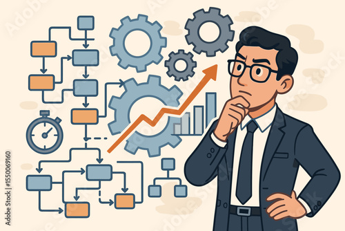 Analytical businessman optimizing complex business systems and processes. Manager thinking about workflow, efficiency, and growth strategy with flowchart, gears, and data chart.