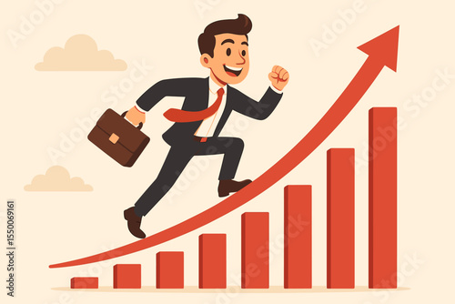 Businessman running up a rising bar graph. Career growth and business success concept. Ambitious leader climbing up the chart arrow. Corporate development and achievement metaphor.