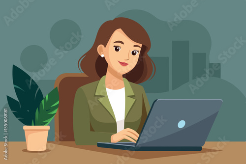 Professional at Work: An illustration portrays a confident business professional at her desk, engrossed in work on her laptop, ready for success.