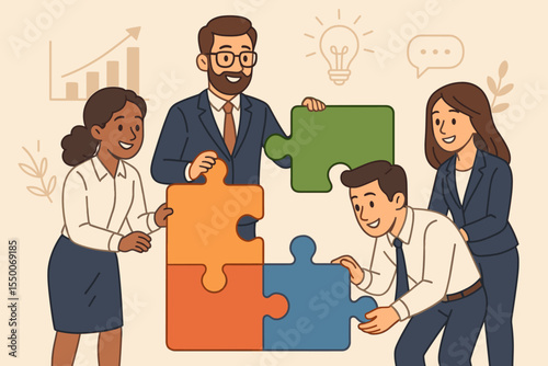 Business team collaboration concept. Coworkers work together, assembling a puzzle. Metaphor for partnership, teamwork, problem-solving, and corporate strategy success. Vector illustration.