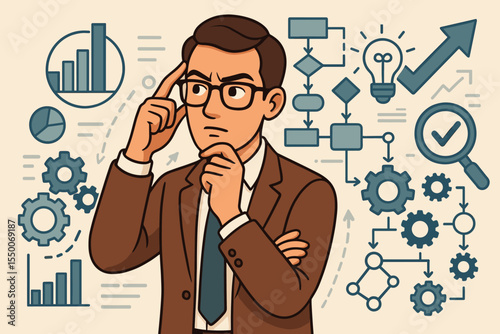 Analytical thinker concept. Businessman optimizing complex business systems and processes. Man thinking about workflow, strategy, and data analysis with flowchart, gears, and charts.