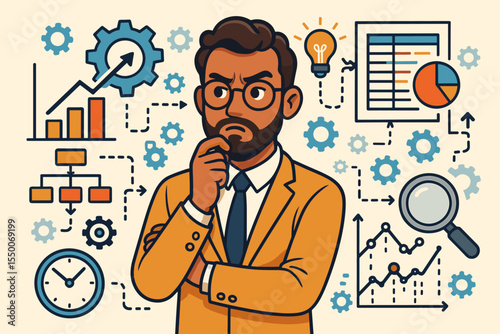 Analytical thinker optimizing complex business systems. Man planning strategy and process for efficiency. Data analysis, workflow management concept. Vector cartoon illustration.
