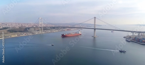 Aerial view of large container ship sailing in ocean with vibrant cargo containers