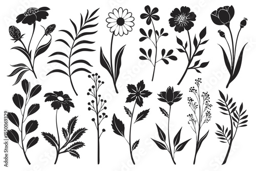 Set featuring Groovy daisy flowers as flat black icons. Each flower has a simple silhouette, crafted in a retro vintage style with hand-drawn decorative elements.