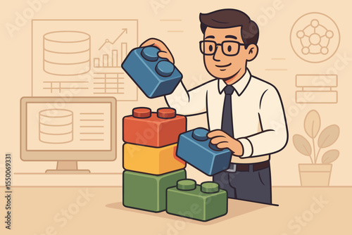 Business analyst organizing database structure with building blocks. Metaphor for modular design, data management, and information architecture. Developer building a system framework.