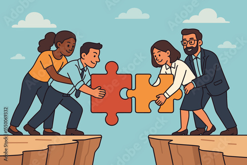 Business teamwork concept of bridging the gap. Diverse group of colleagues collaborate, connecting puzzle pieces over a chasm. Metaphor for partnership, solution, and support.
