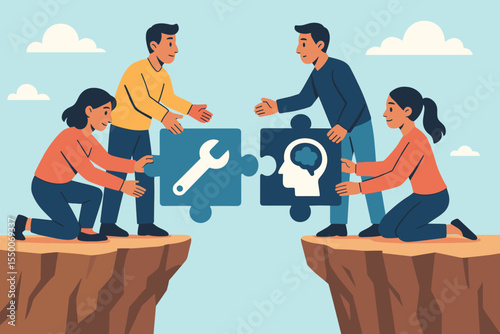 Bridging the gap between hard and soft skills. Team collaboration concept with people connecting puzzle pieces. Vector illustration of synergy, partnership and problem solving.