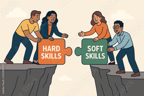 Bridging the gap between hard and soft skills. Business team collaboration connects puzzle pieces. Metaphor for competence, synergy, human resources, and professional development.