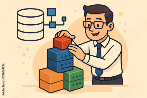 Business analyst organizing database structure with building blocks. IT specialist developing data system. Concept of data management, information architecture and development. Vector.