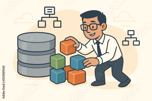 Business analyst or developer organizing a database structure. Man building data architecture with blocks. Concept for information management, system analysis, data engineering, modeling.