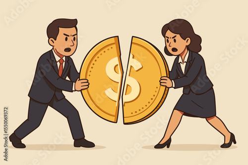 Business market share competition concept. Angry businessman and businesswoman fighting over money, dividing a giant gold dollar coin. Financial dispute or profit sharing conflict.