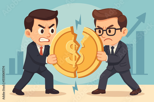 Business competition concept with two businessmen fighting over a giant dollar coin. Market share division, financial conflict and partnership dispute cartoon vector illustration.