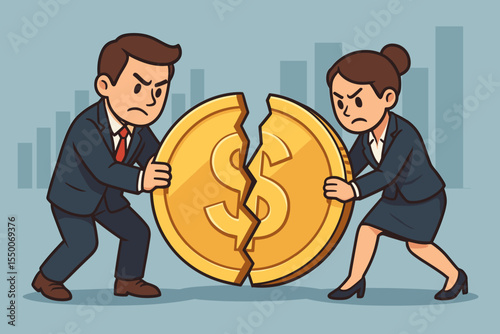 Business competition for market share. Man and woman rivals dividing a gold dollar coin. Metaphor for financial conflict, profit sharing dispute, or partnership breakdown. Vector.