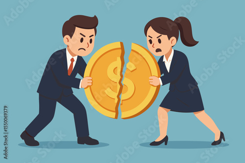 Business competition and market share dispute concept. Angry businessman and businesswoman fighting for money. Rivals in conflict struggling to divide a broken dollar coin for profit.