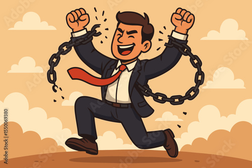 Businessman breaking chains, a metaphor for freedom, success, and liberation from debt. Happy cartoon character escaping problems and achieving financial freedom. Overcoming obstacles concept.
