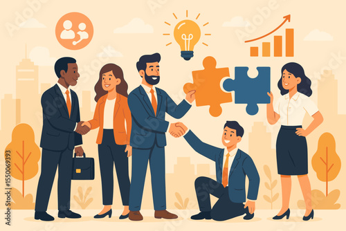 Business networking and team building vector illustration. Corporate people connecting puzzle pieces. Concept for cooperation, partnership, agreement, success, growth, and innovation.