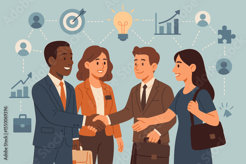 Business networking concept. Corporate partnership and collaboration concept. Diverse team handshake for success. Teamwork, strategy, and growth. Vector illustration of a deal.