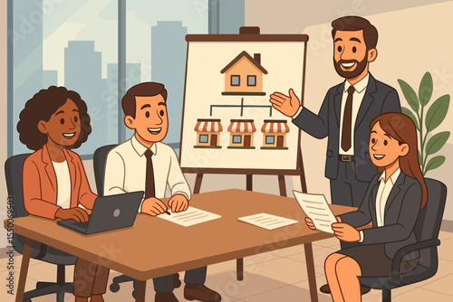 Business team in a meeting planning a franchise strategy for real estate promotion. A presenter shows a company expansion diagram with stores. Corporate teamwork concept vector illustration.