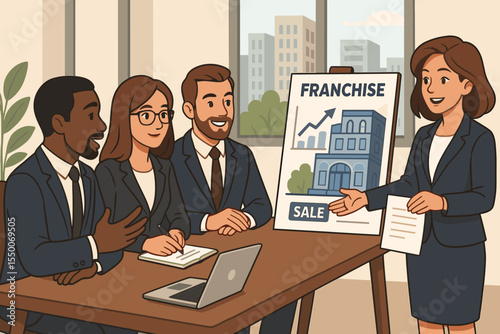 Businesswoman presenting a franchise sale opportunity to a diverse team of investors. Colleagues in an office meeting discussing commercial property and business growth strategy. Vector.