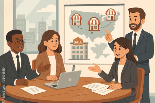 Business team meeting concept. Franchise strategy and expansion. Commercial real estate investment. Presentation for property sales network on a USA map. Corporate office collaboration.