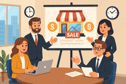 Business team planning franchise sale. Colleagues in office meeting discussing investment strategy. Man giving presentation for retail store promotion. Corporate teamwork concept.