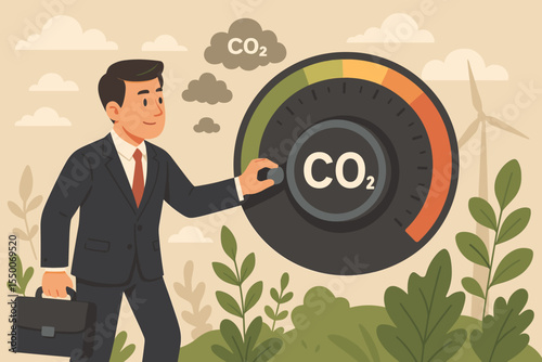 Carbon footprint reduction. Businessman turning CO2 emissions control knob. Climate change and environmental protection concept. Corporate sustainability and ESG policy. Net zero cartoon vector.