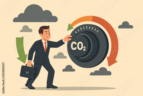 Businessman turning a CO2 control knob to reduce carbon dioxide emissions. Environmental protection, sustainability, and climate change action concept. Flat vector illustration.