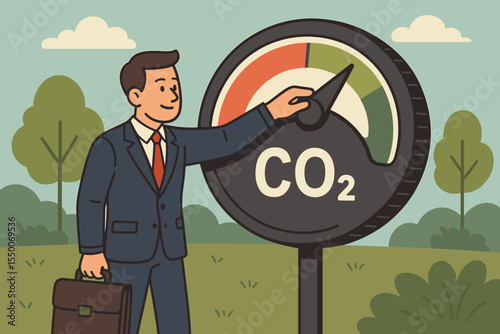 ESG and sustainability concept. Businessman reducing CO2 emissions on a meter. Lowering carbon footprint for climate action. Corporate responsibility for net zero and green future.