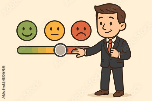 Businessman adjusting customer satisfaction rating slider with happy, neutral, and sad emoticon faces. Concept for customer experience, feedback, survey, review, and service quality.