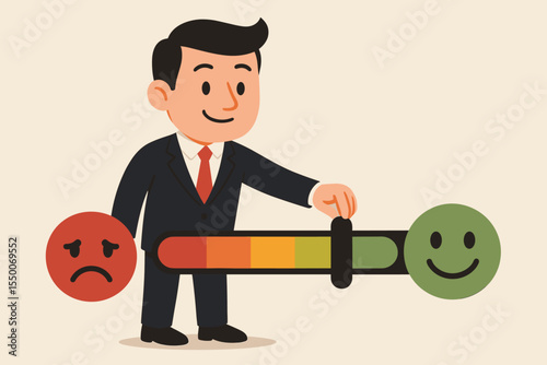 Businessman improving customer satisfaction rating. Manager moving a slider from sad to happy face. Concept of feedback, review, and quality service. User experience management.