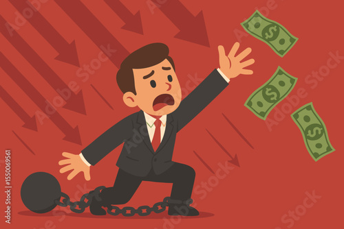 Economic crisis concept with businessman chained by debt. Man struggles with financial burden, reaching for falling money. Metaphor for recession, bankruptcy, loss, and failure.