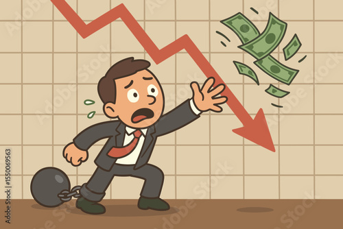 Businessman chained with ball and chain reaching for falling money. Economic crisis concept with downward arrow graph. Metaphor for debt, recession, bankruptcy, and financial burden.