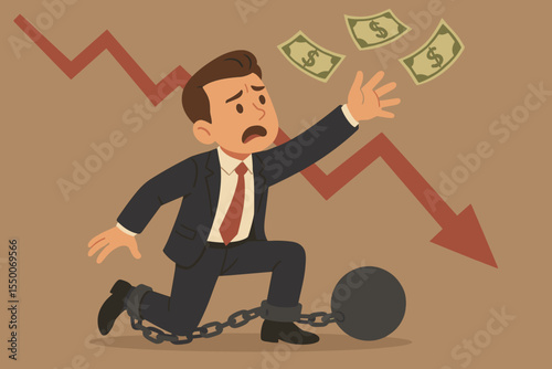 Concept of economic crisis and debt burden. Desperate businessman chained to a heavy ball, reaching for falling dollar bills. Financial recession and market crash with red arrow down.