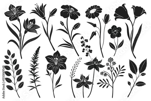 Set featuring Groovy daisy flowers as flat black icons. Each flower has a simple silhouette, crafted in a retro vintage style with hand-drawn decorative elements.