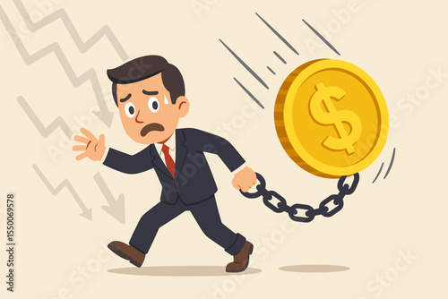 Financial crisis concept of a businessman chained to a falling dollar coin. Metaphor for economic recession, debt burden, stock market crash, bankruptcy, and currency devaluation.