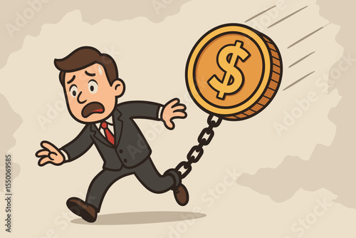 Debt burden concept. Panicked businessman chained to a falling dollar coin representing financial crisis, recession, and inflation. Money trap metaphor, cartoon vector illustration.