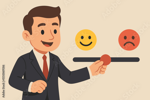 Customer satisfaction concept. Businessman adjusting rating slider from sad to happy emoticon. Client review, service quality, user experience evaluation, and positive feedback.