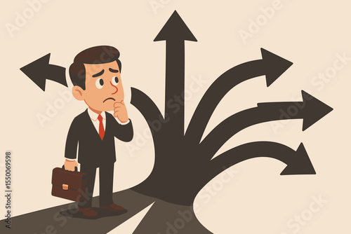 Businessman at crossroads making a choice. Metaphor for career path, decision making, opportunity, and strategy. Confused man thinking about future directions with arrows. Vector.