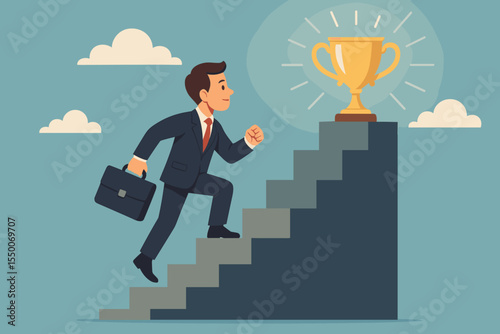 Businessman climbing staircase to success. Career growth concept with man running up steps to a gold trophy. Ambition, motivation, achievement, and reaching goals metaphor.