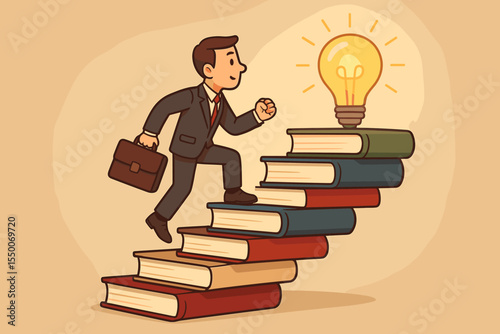 Businessman climbing staircase of books to light bulb idea. Career growth and education concept. Self development, learning, knowledge for success. Vector cartoon illustration.
