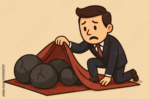 Cartoon businessman hiding problems under red rug, concealing issues, delaying solutions, avoiding responsibility, metaphor for workplace denial, vector illustration, business crisis concept