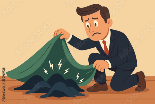 Businessman hiding problems under rug metaphor. Concealing mistakes, avoiding responsibility, delaying solutions. Risk management, office issues, denial, business crisis, vector illustration concept