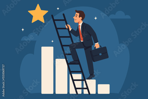 Ambitious businessman climbing the corporate ladder of success on a growth chart to reach for a star. Aspirational goal achievement, career development, and motivation concept.