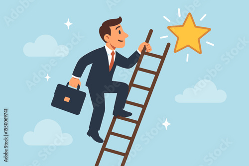 Businessman climbing a ladder to reach a star. Concept of career growth, success, and achieving goals. Metaphor for ambition, motivation, and professional development. Vector cartoon illustration.