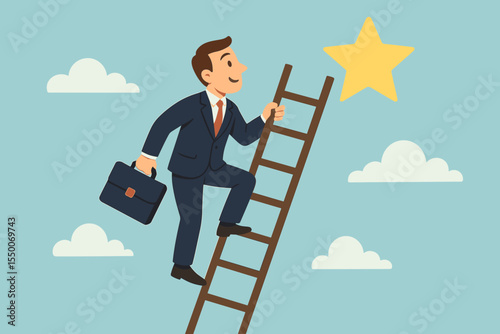 Ambitious businessman climbing a ladder to reach for a star. Metaphor for career success, achieving goals, and aspiration. Corporate growth and development concept vector illustration.
