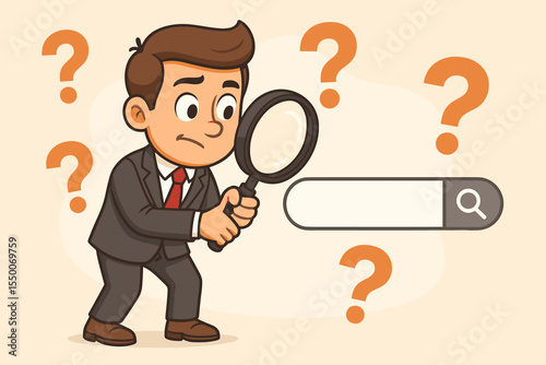 Confused businessman with magnifying glass at search bar. Concept of business research, data analysis, investigation, asking questions, finding solutions. FAQ vector cartoon illustration.