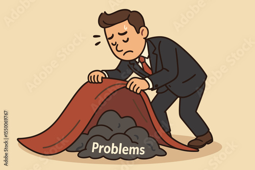 Stressed businessman hiding problems under carpet metaphor. Avoiding issues, delaying solutions, ignoring challenges, business failure concept. Cartoon vector illustration. Workplace stress, denial