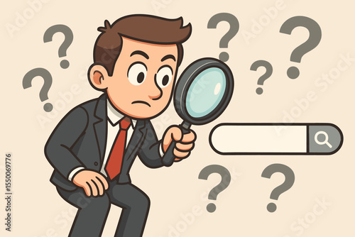 Businessman with magnifying glass at search bar. Concept for internet search, SEO, investigation, problem solving, market research, and data analysis. Vector cartoon with question marks.