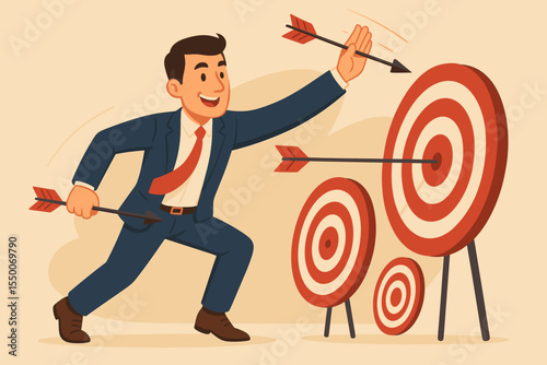 Businessman reaching for an arrow in mid-air, successfully hitting business targets and achieving goals, a powerful concept of ambition, strategy, success, and goal achievement